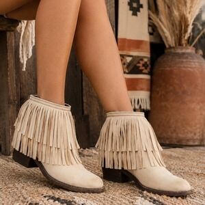 Independent Boot Company Fringe Ankle Boots Cream Suede Western Boho Size 7